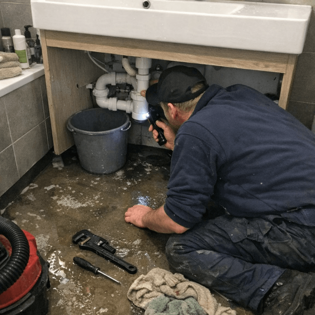 Badezimmer mit geöffnetem Unterschrank, Handlampe und gesichertem Arbeitsbereich neben einem überlaufenen Waschbecken