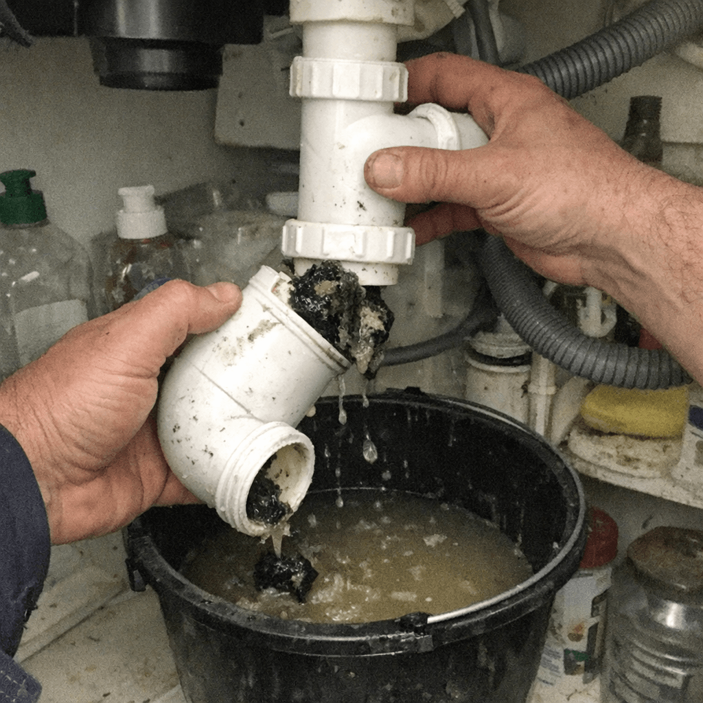 Handwerker löst mit Schutzmatte und Spezialwerkzeug eine Verstopfung unter einer Küchenspüle