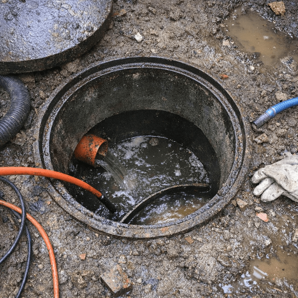 Nahaufnahme eines verstopften Waschbeckens mit stehendem Wasser und bereitgelegter Reinigungsspirale auf einem Tuch