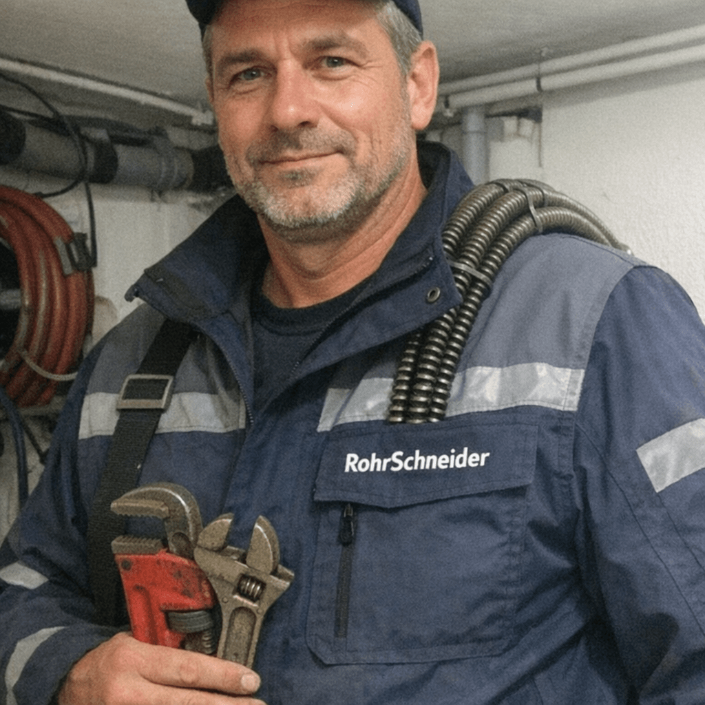 Monteur mit Werkzeugkoffer und Reinigungsspirale vor einer Haustür kurz vor einem Einsatz