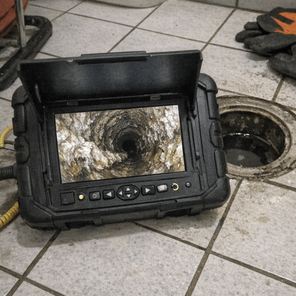 Kamerabildschirm mit Innenansicht einer Abwasserleitung neben einem geöffneten Revisionsschacht