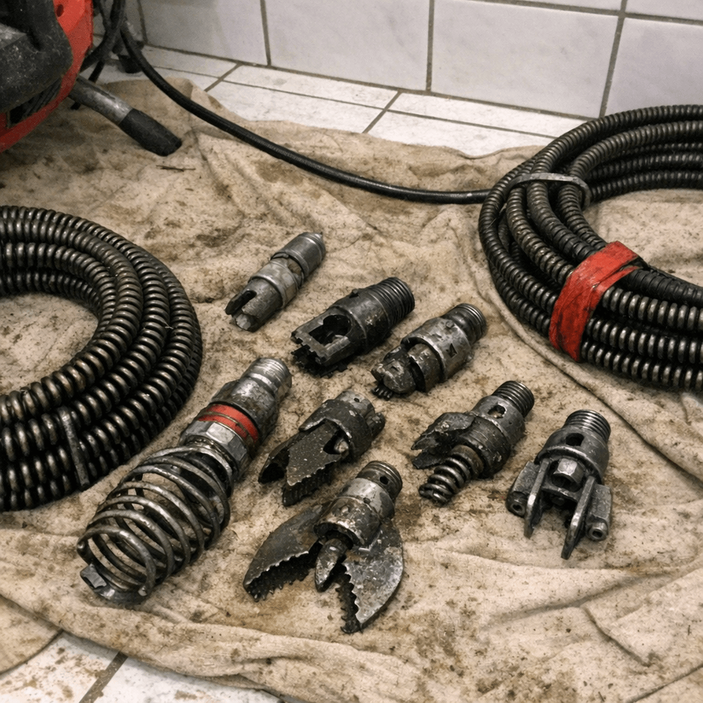 Sortierte Spiralen, Fräsköpfe und Schutzfolien auf einem sauberen Werkstattwagen im Badezimmer